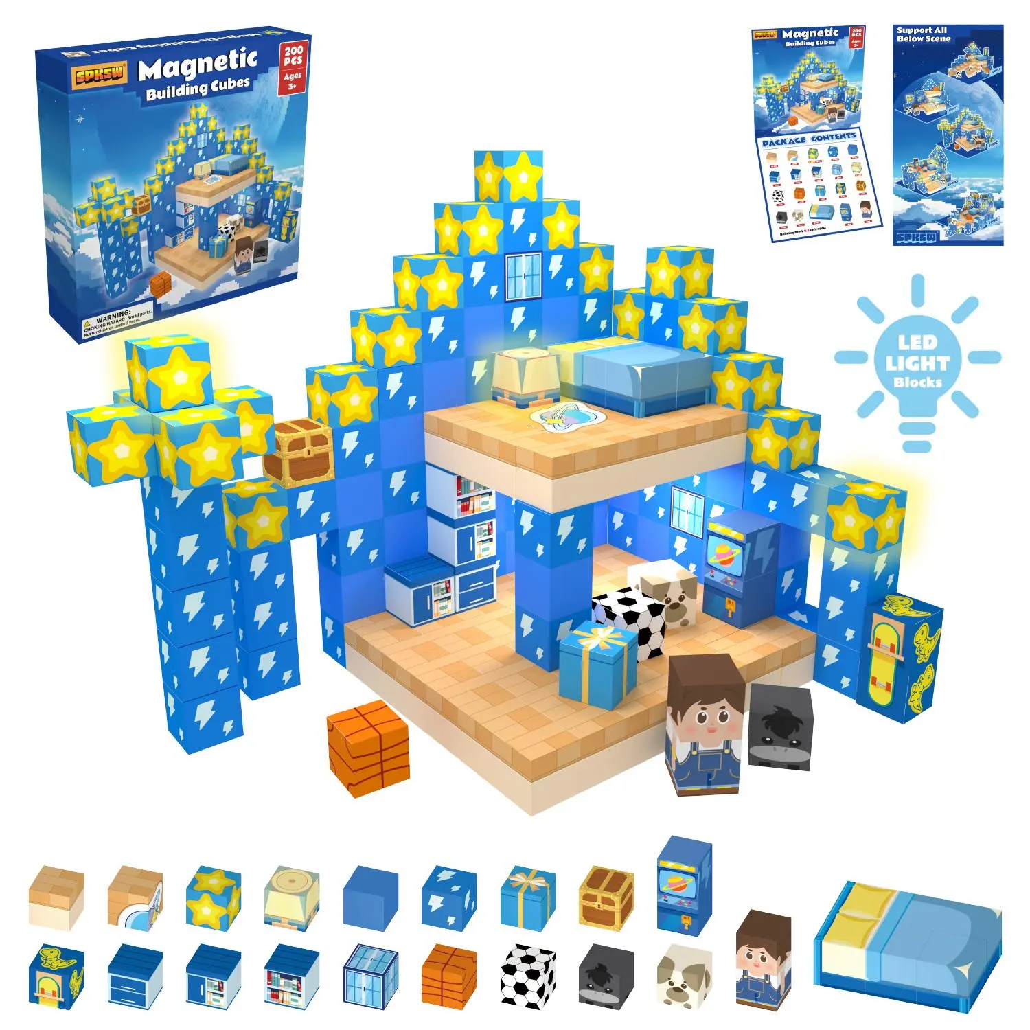 Blue Cozy LED Light Magnetic Building Block Set - 100PCS/200PCS DIY Open Ended Play Toy, Hands-On Learning Building Block Light Toy, Easy Assembly, Kids' Development Gift Ideas for Kids, Home Decoration