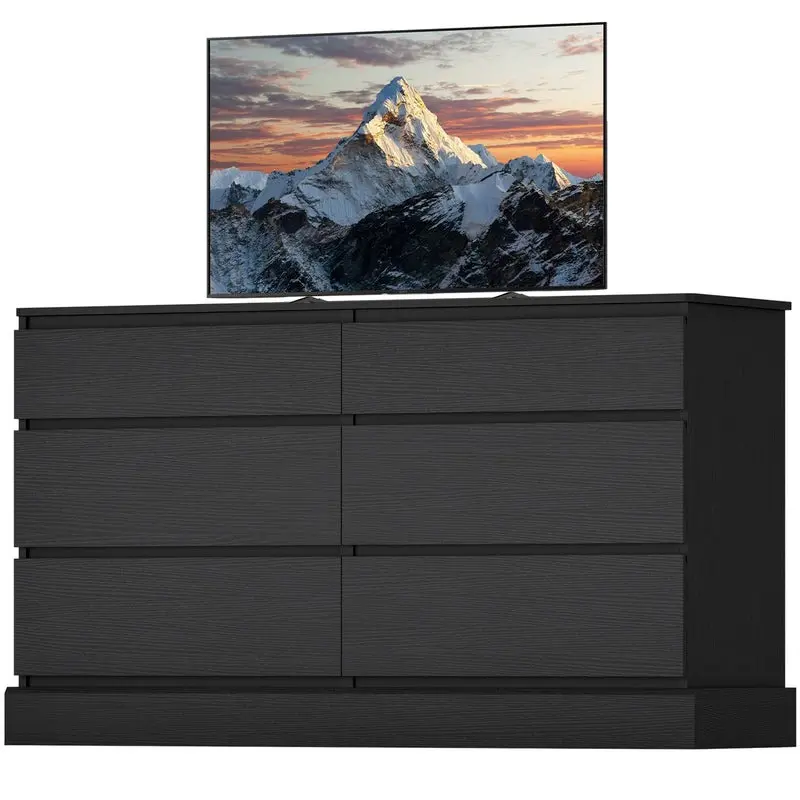 SIKAIC Modern 51.5-Inch Wide Black Wood 6-Drawer Dresser - Floor Standing Wooden Storage Cabinet with Advanced Metal Slide System, Above 25 kg, for Indoor Dresser Organization & Bedroom Decor, Assembly Required