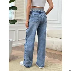 , wide-leg jeans with adjustable waistband, loose maternity stitch Tiktok and distressed details