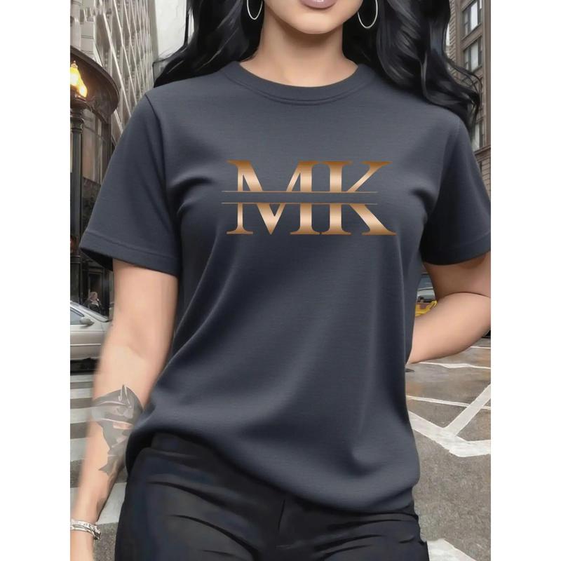 100% Cotton Women's Green Short Sleeve T-Shirt Chic Gold MK Graphic Tee Stylish And Elegant Top For Casual Daily Wear Outings And Fashion - Forward Style Statements Fabric Womenswear Fit