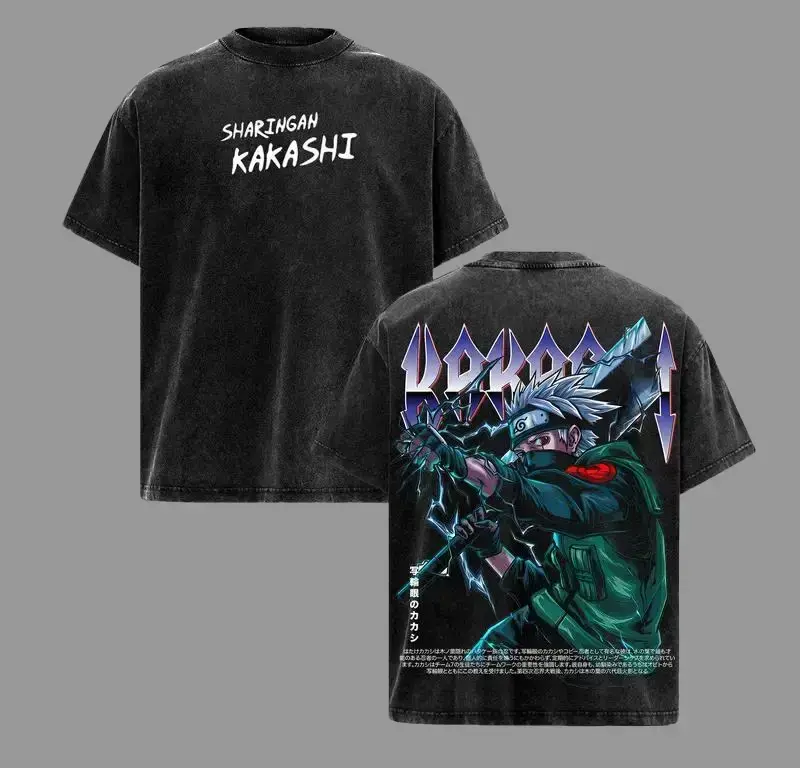 Vintage Kakashi Sharingan Anime T-Shirt, Washed Heavy Cotton Men's Graphic Tee. Lightning Blade Streetwear For Naruto Fans Casual Wear. Y2K Japanese Manga Short Sleeve Crewneck Top, Oversized Retro Otaku Fashion Apparel, Trendy Summer Men's Top Clothes!