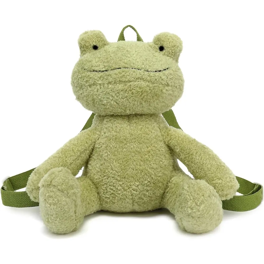 Bycobecy Women's Cute Frog Stuffed Plush Backpack - Modest, Chic Casual Holiday Athletic Bag with Adjustable Strap, Basic Kawaii Fluffy Novelty Purse (Green)