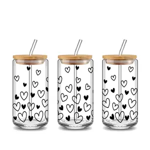 Black White Heart Design 16oz Covered Straw Glass Drinking Cup, Reusable Glass Drinking Cup, High-Quality Glass Jar Design, Suitable for Iced Coffee, Beer, Juice, Fashionable Glassware. Perfect Gift for Valentine's Day