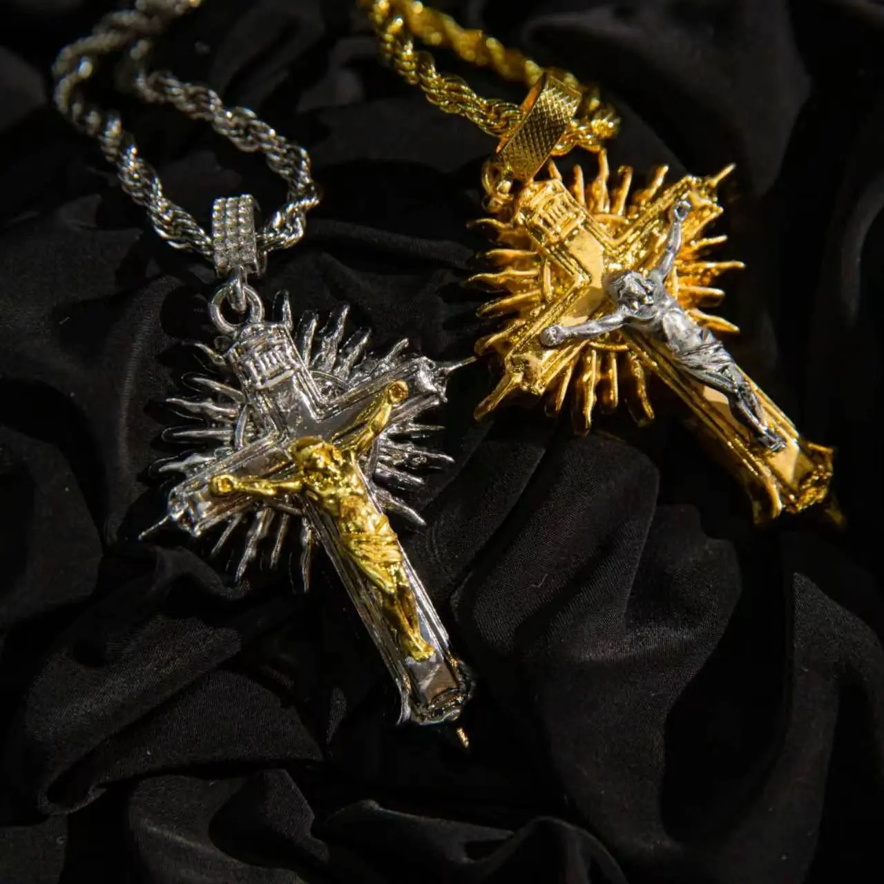 Vintage Cross Pendant Necklace for Men - 24 in Rope Chain, 2-Tone Statement Pendant, Gold-Silver Tone Costume Fashion Jewelry Gift