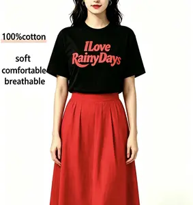 I Love RainyDays Graphic T-Shirt, Black Red Letter Print Cotton Tee, Casual Streetwear Short Sleeve Top for Women