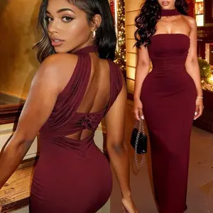 Women's Burgundy Spaghetti Strap Backless Fitted Long Dress, Elegant Sexy