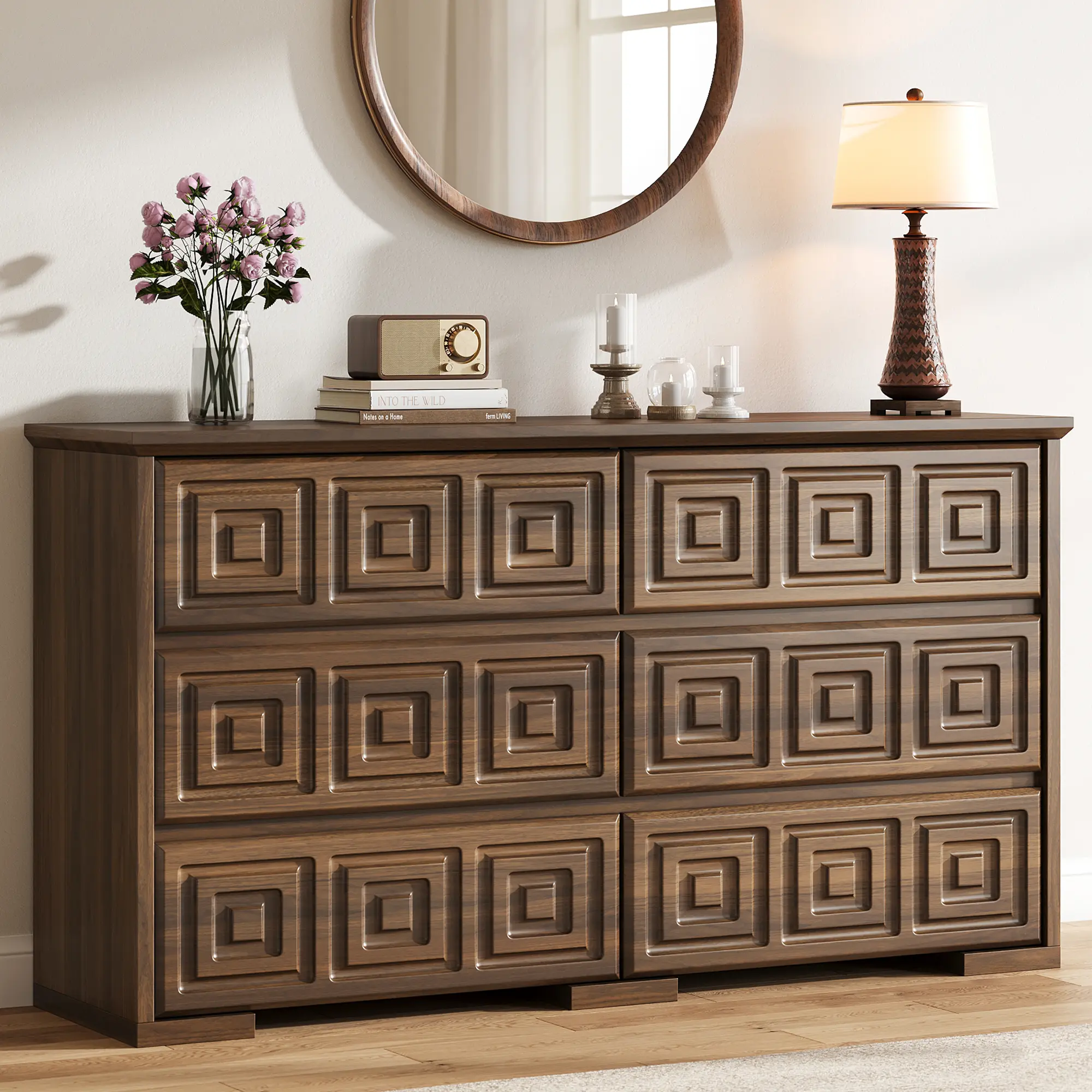 Aowos Farmhouse 6 Drawers Dresser for Bedroom, 54" Wide Wood Chest of Drawers Storage Organizer, Vintage Large Storage Dressers Organizer for Living Room, Walnut, Black