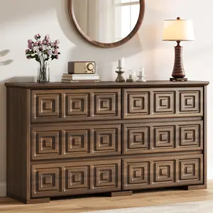 Aowos Farmhouse 6 Drawers Dresser for Bedroom, 54" Wide Wood Chest of Drawers Storage Organizer, Vintage Large Storage Dressers Organizer for Living Room, Walnut, Black