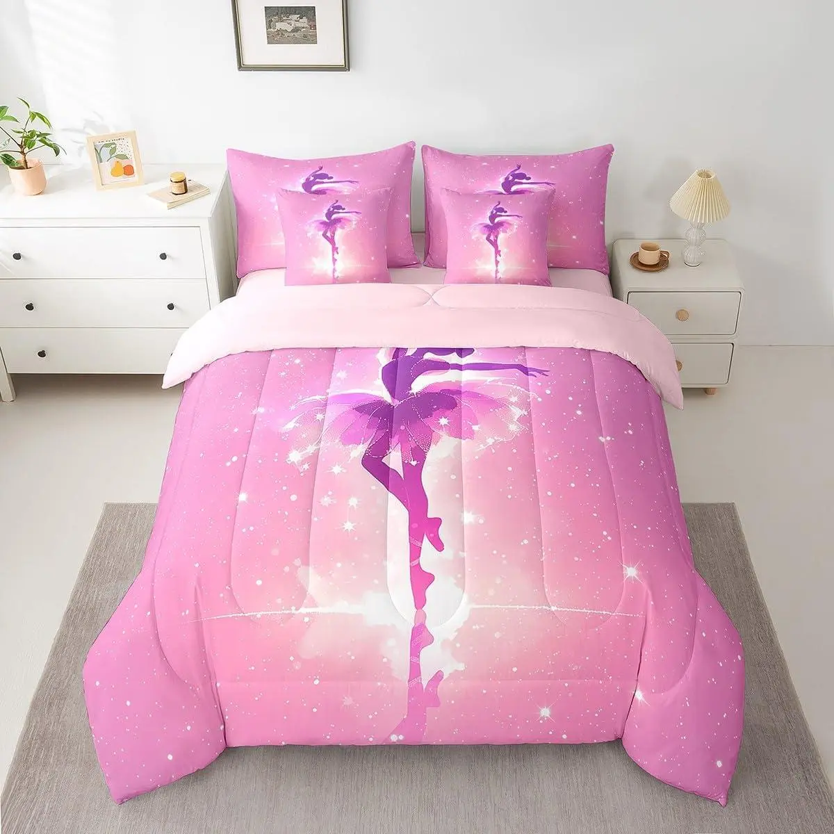 Kids Ballet Dancer 7 Pieces Bedding Set ,Ballerina Comforter Set with Sheets Dreamy Princess Bed in A Bag Boys Girls Dancing Teens Bed Set Bedroom Decor 7Pcs