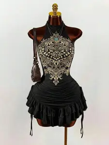 Tina Amplova Asymmetric Ruffle Hem Fitted Mini Dress With High Collar,Black Dress For Women