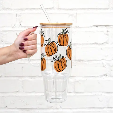 Fall Pumpkins 40oz Glass Tumbler with Handle, Bamboo Lid & Straw, Fall Gift