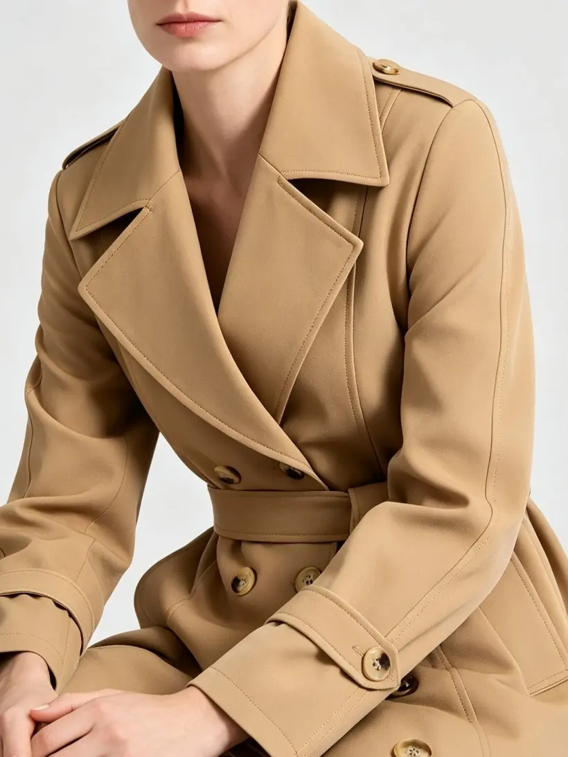 Women’s mid-length trench coat with double-breasted design, turn-down collar, and waist cinching detail, long sleeves—elegant and classic, suitable for office wear, daily commuting, travel, and dates.