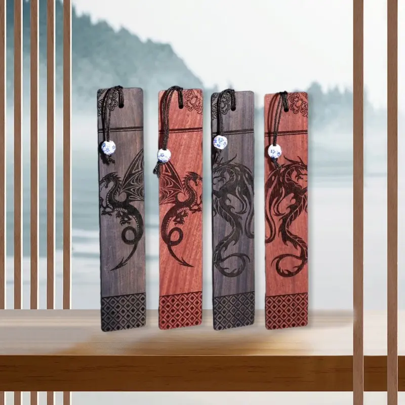 4-Piece Handcrafted Woody Dragon Pendant Bookmarks Specialty Kitchen Utensil Accessory Set with Storage Box, Mini Gift Sets for Book Lovers & Avid Readers