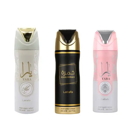 Lattafa 3-Pc Body Deodorizing Spray Bundle Pack (200ml Each) - Yara Pink, Yara Moi, Khamrah | Scented Fragrances: Floral Mix, Peach & Musks, Bergamot, Vanilla | Long Lasting Fresh Normal Body Care Cosmetic