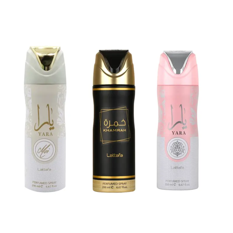 Lattafa 3-Pc Body Deodorizing Spray Bundle Pack (200ml Each) - Yara Pink, Yara Moi, Khamrah | Scented Fragrances: Floral Mix, Peach & Musks, Bergamot, Vanilla | Long Lasting Fresh Normal Body Care Cosmetic