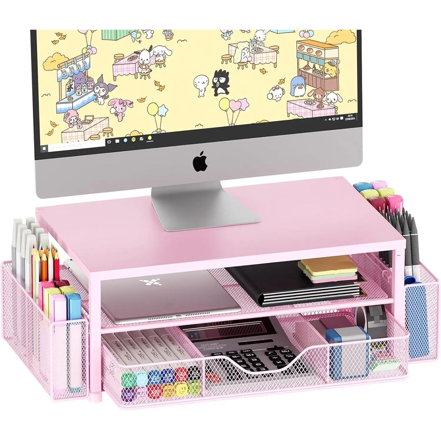 Desk Organizers and Accessories, 2-Tier Computer Monitor Stand Riser with Drawer and 2 Pen Holders, Laptop Stand, Office Desk Accessories & Office Decor for Women, Pink, Office Accessories, Girly Office Supplies