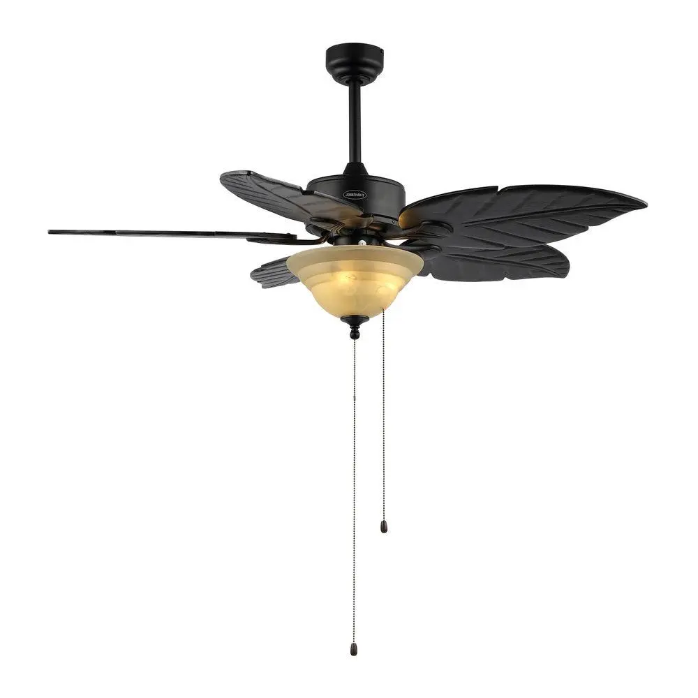 Poinciana 52" Bohemian Style Ceiling Fan, Coastal Decor Iron-Wood Ceiling Fan with Wooden Palm Leaf Blades, LED Lighting, Pull Chain, Rustic & Eclectic Transitional Design