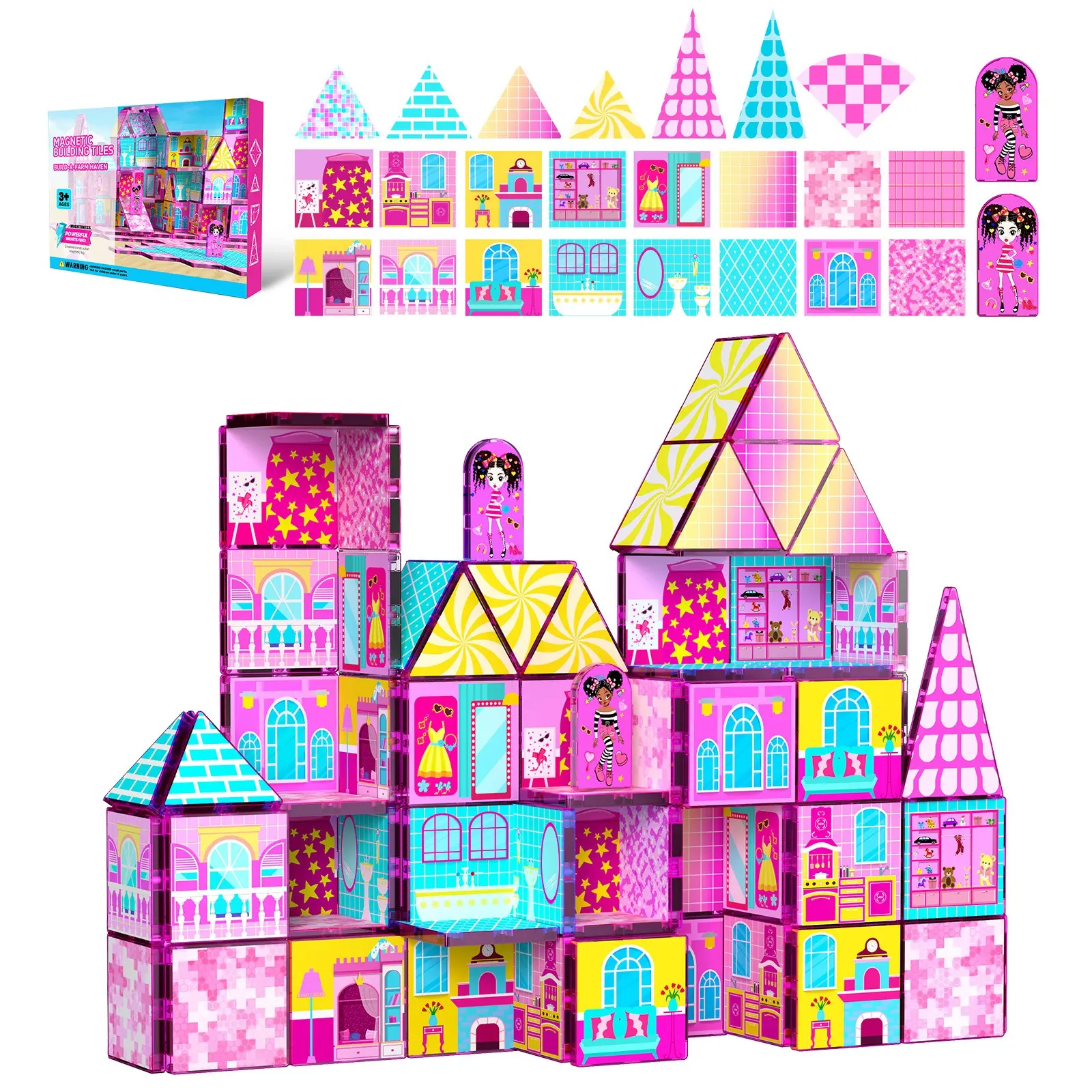 Princess Castle Magnetic Tiles, Building Block Sets, Pink Hawaiian Dollhouse Magnetic Building Blocks Set with colorful gift box, STEM Montessori Sensory Toys for Kids 4-8 Boys Girls Christmas Birthday Gifts