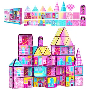 Princess Castle Magnetic Tiles ,Pink  Hawaiian Dollhouse Magnetic Building Blocks Set with colorful gift box,Magnetic Blocks Build Mine Magnet World，STEM Montessori  Sensory Toys  for Kids 4-8 Boys Girls Christmas Birthday Gifts,Educational Preschool Gift