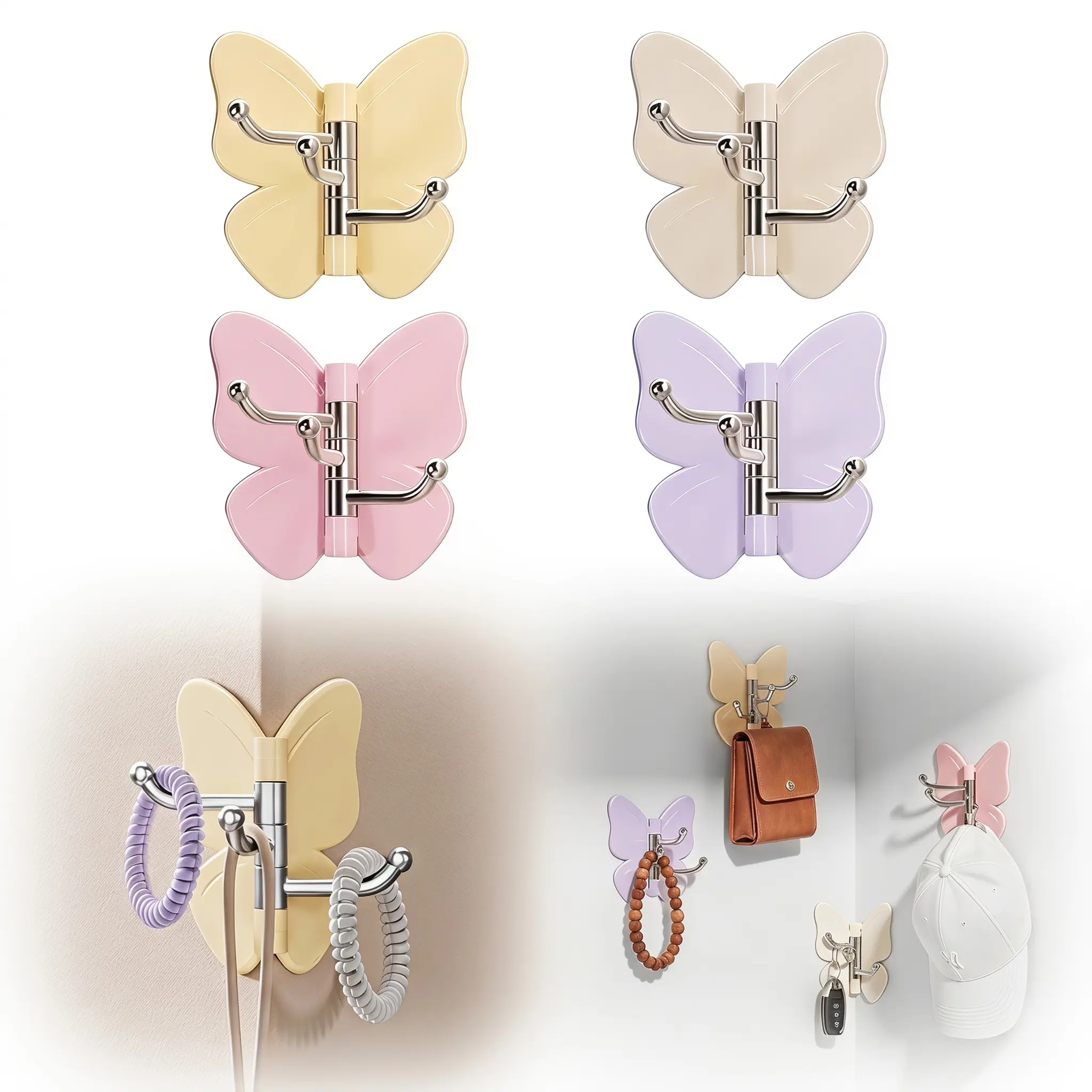 4 Pcs Punch-Free Butterfly Rotatable Corner Hooks, Multi-Angle Fit 90°/180°/270° Walls, 3 Swivel Hanging Rods Self Adhesive Wall Hook for Towels Hats Keys Hair Accessories-YY