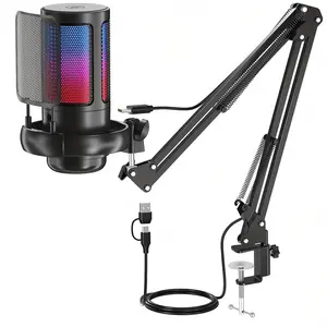 Gaming Microphone Set with Adjustable Boom Arm, Vocal Condenser Microphone for PC with Stand, USB Mic with Controllable RGB Light, One-Tap Mute, Volume Control