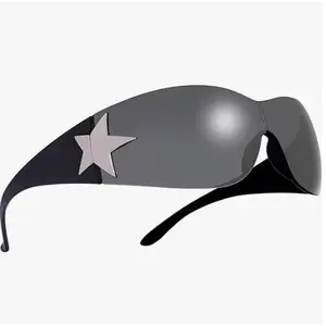 Rimless Y2K Sunglasses Star Wrap Around Glasses 2000S Accessories for Women Men Trendy Fashion Cool Shield Shades Modern Polished UV400 Protection Futuristic Design