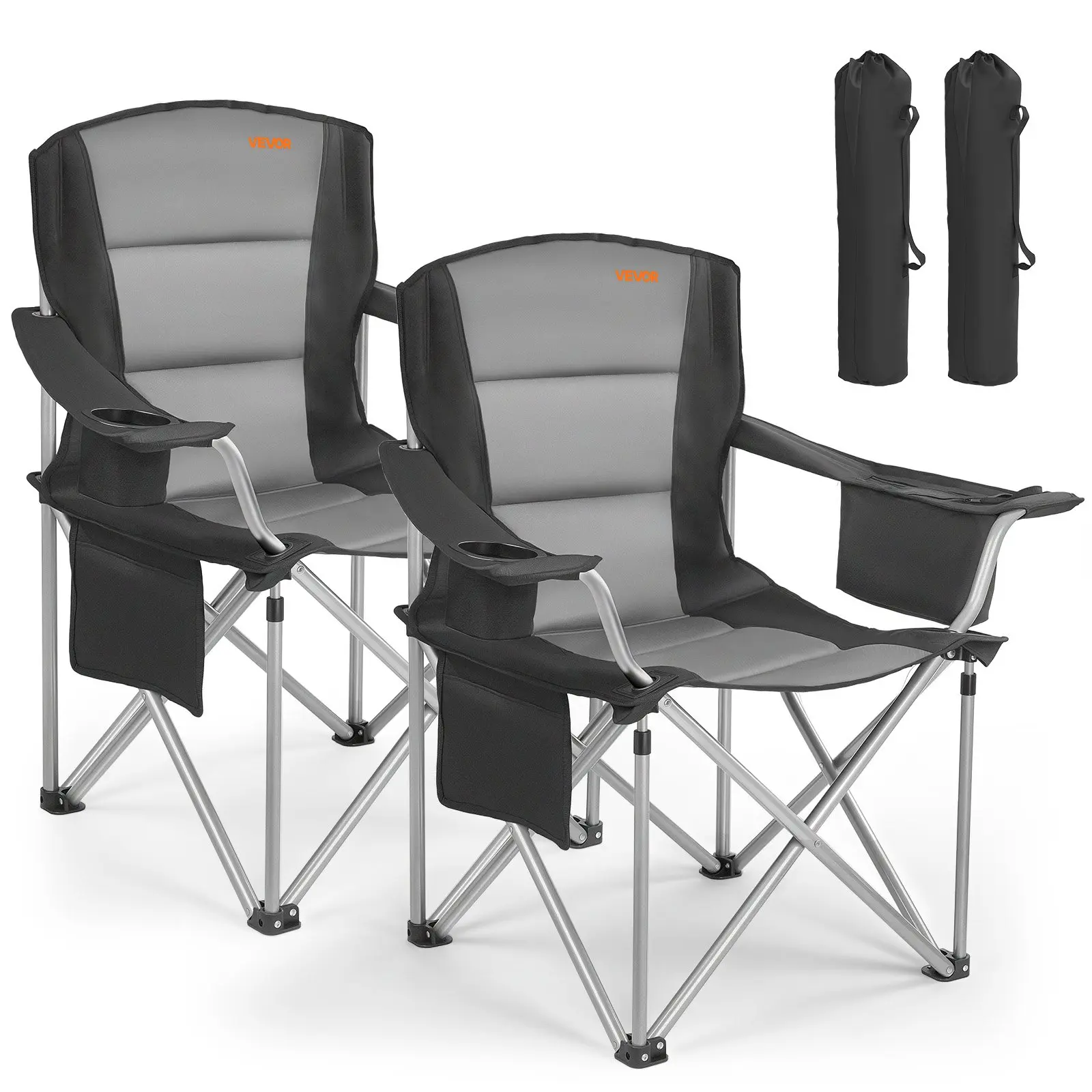 【Summerfinds】VEVOR 2-Pack Wide-Seat Camping Chairs, 450 lbs Heavy-Duty Portable Folding Chairs (38.6x24.8x39.0 in), 600D Rip-Stop Oxford Fabric with Cotton Padding, Padded Backrest-Arms, Cup Holder, Side Pocket, Cooler Bag, Carry Bag for Outdoor Use