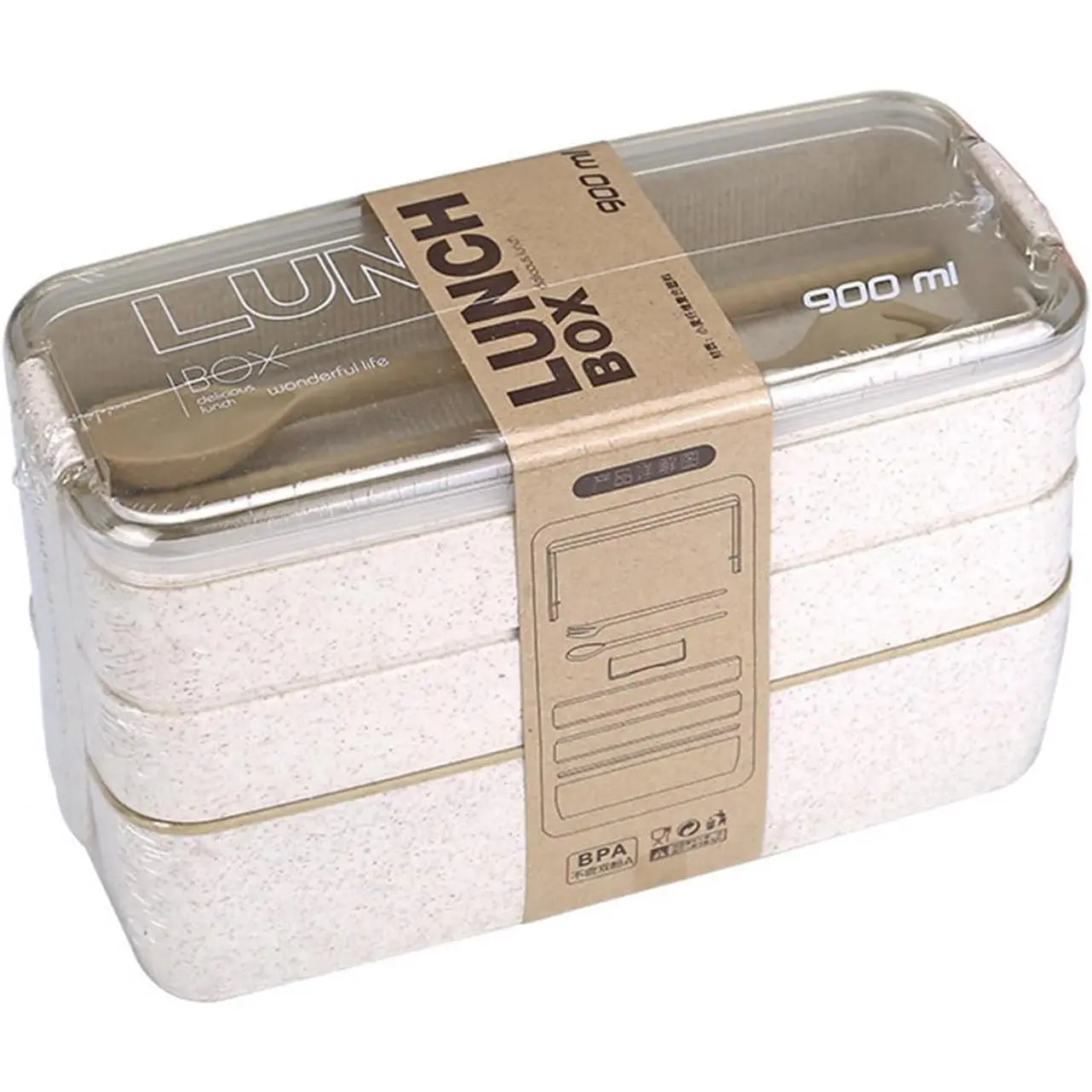 Portable Bento Box, 3-layers Lunch Box, 900ML Wheat Straw Dinnerware  Storage Container (Beige)