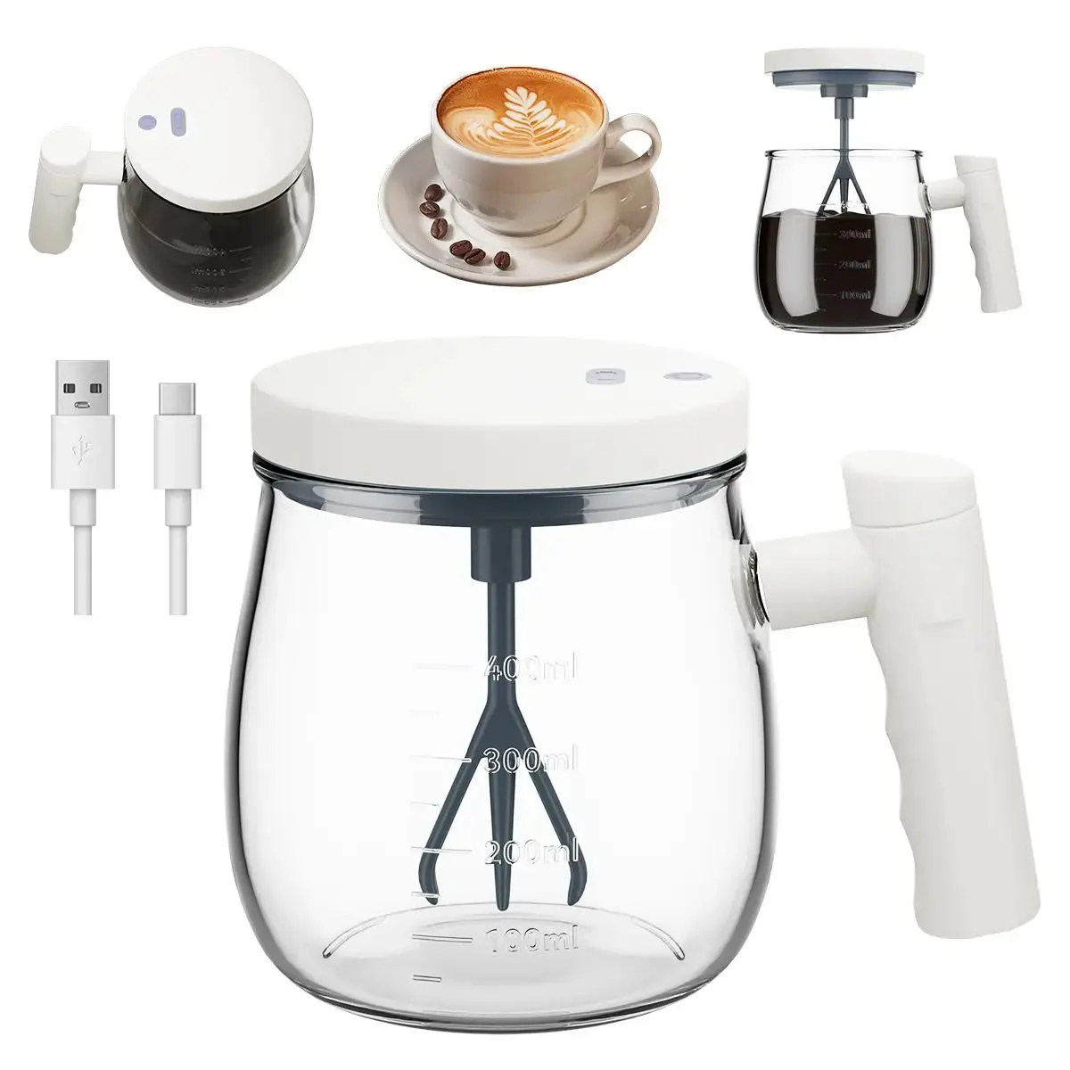 USB Rechargeable Auto-Stirring Glass Cup - 1-Button Op Glass Cups, Smooth Powder & Egg White Blending Kitchen Drinkware Mug