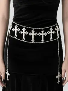 Women's Vintage Punk Gothic Cross Pendant Waist Chain, Faux Leather Tassel Belt Accessory for Parties & Halloween Costume Jewelry, Punk Style Belt