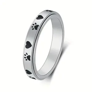Women's 4mm High-Polished Anti-Rust Stainless Steel Silvery Rotating Ring, Cute Dog Paw Print Fashion Jewelry, Fits Sizes 6-10, Ideal for Daily Wear & Gifting, Anti-Rust Steel Rings