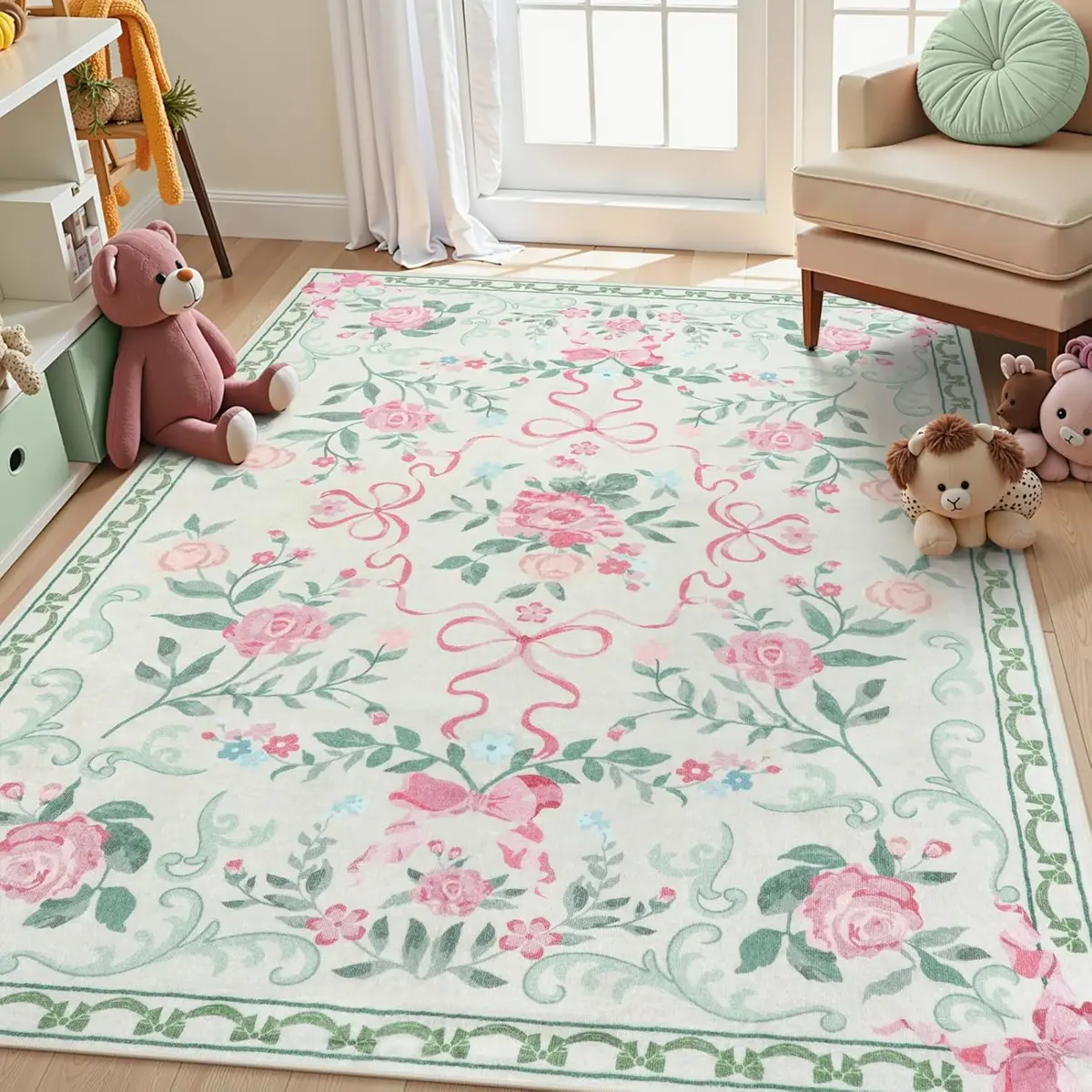 French Romantic Floral Bow Area Rug, Home Decorative Rug, Soft Comfortable Pet-Friendly Bohemian Machine Washable Rugs for Kids Room and Living Room, Boho Washable Rugs, Non-Slip Foldable Design