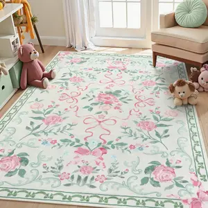 French Romantic Floral Bow Area Rug, Home Decorative Rug, Soft Comfortable Pet-Friendly Boho Washable Rug for Kids Room and Living Room, Non-Slip Foldable Design