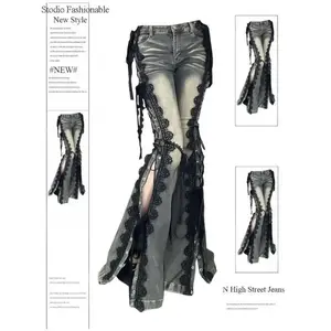 Low Rise Split Bootcut Pants Women Spring Eyelets Lace Up Flare Jeans Retro Stitch Slim Bell Bottoms Streetwear  Womenswear Check Trouser Denim Black