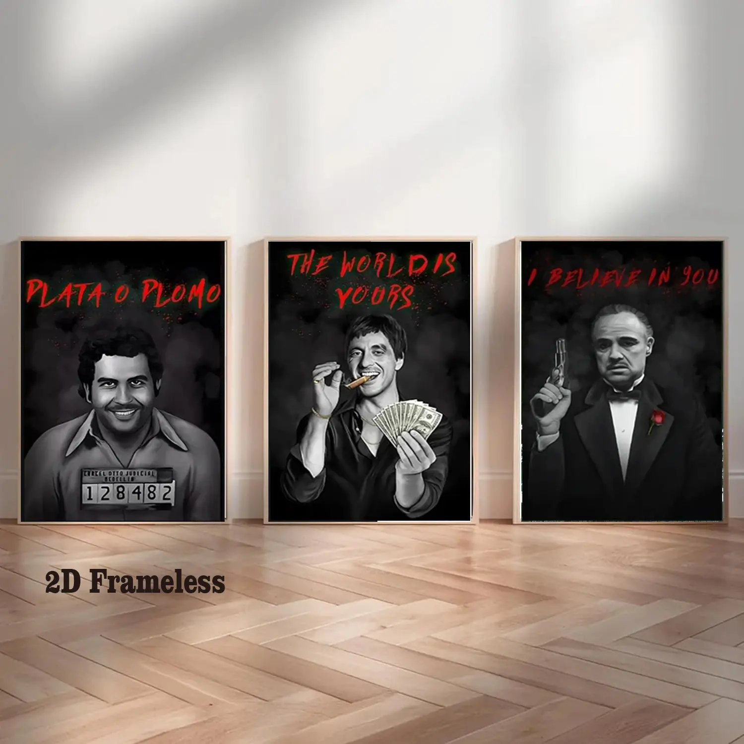 Set of 3: Movie Poster Set Featuring Legendary Gangster Icons—Canvas Prints, Art Prints, Classic Prints, Gangster Portraits, Unique Artwork. “Scarface,” “Escobar,” “The Godfather” Aesthetic Wall Decor. 2D Flat, Frameless Canvas Posters