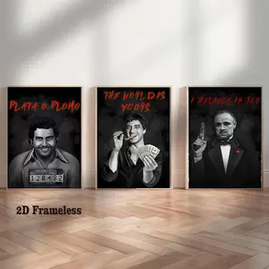 Set of 3: Movie Poster Set Featuring Legendary Gangster Icons—Canvas Prints, Art Prints, Gangster Portraits. “Scarface,” “Escobar,” “The Godfather” Wall Decor. 2D Flat, Frameless Canvas Posters