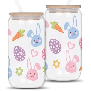 Easter Bunny Eggs Carrot Pattern Glass Cup, 16oz/500ML Drinking Glasses with Bamboo Lids & Glass Straw, Gift Mason Cup, Glass Tumbler, Drinkware, Stylish Glass Cups, Funny Glass Cup