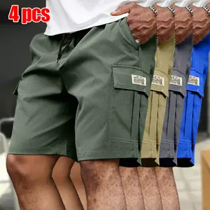Men's Four-Piece Short Set, Casual Loose Large Pocket Work Shorts, Summer Trend Straight Five-Point Cargo Shorts