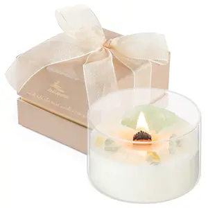 Premium Vanilla Scented Soy Candles with Wood Wick & Healing Crystals Inside, 55-Hour Non-Toxic Aromatherapy Home Scented Candle Gifts for Women, Mom, Birthday, Meditation, Spa (7oz)