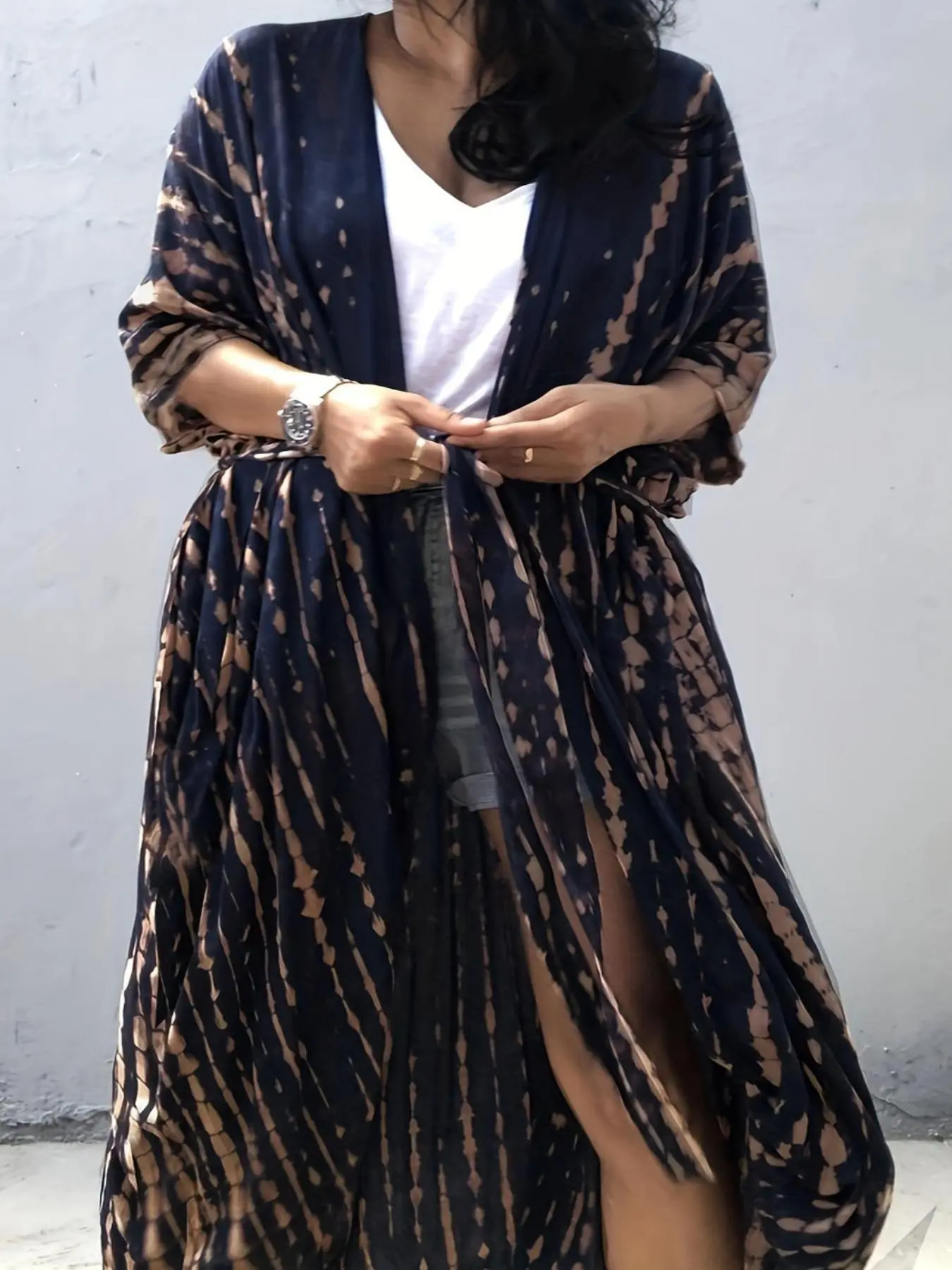 Plus Size All Over Print Batwing Sleeve Kimono, Casual 3/4 Length Sleeve Open Front Outerwear for Beach Vacation Holiday, Cover Up Beachwear, Women's Summer Clothes, Swimwear Cover Up, Swimsuit Cover Up, Summer Coverup