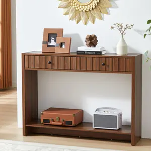 GiratreeFurniture Console Table with Drawers, Narrow Mid-Century Fluted Entryway Table Sofa Table with Storage Shelf, Wood Entry Table Accent Behind Couch Table for Entrance, Hallway, Living Room