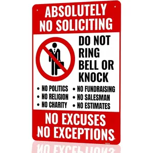 No Soliciting Sign - 12x8" Weatherproof Tinplate Door Sign, Do Not Knock Ring Doorbell, Thick Metal Yard Sign Indoor Home Decoration No Religion No Estimates No Fundraising