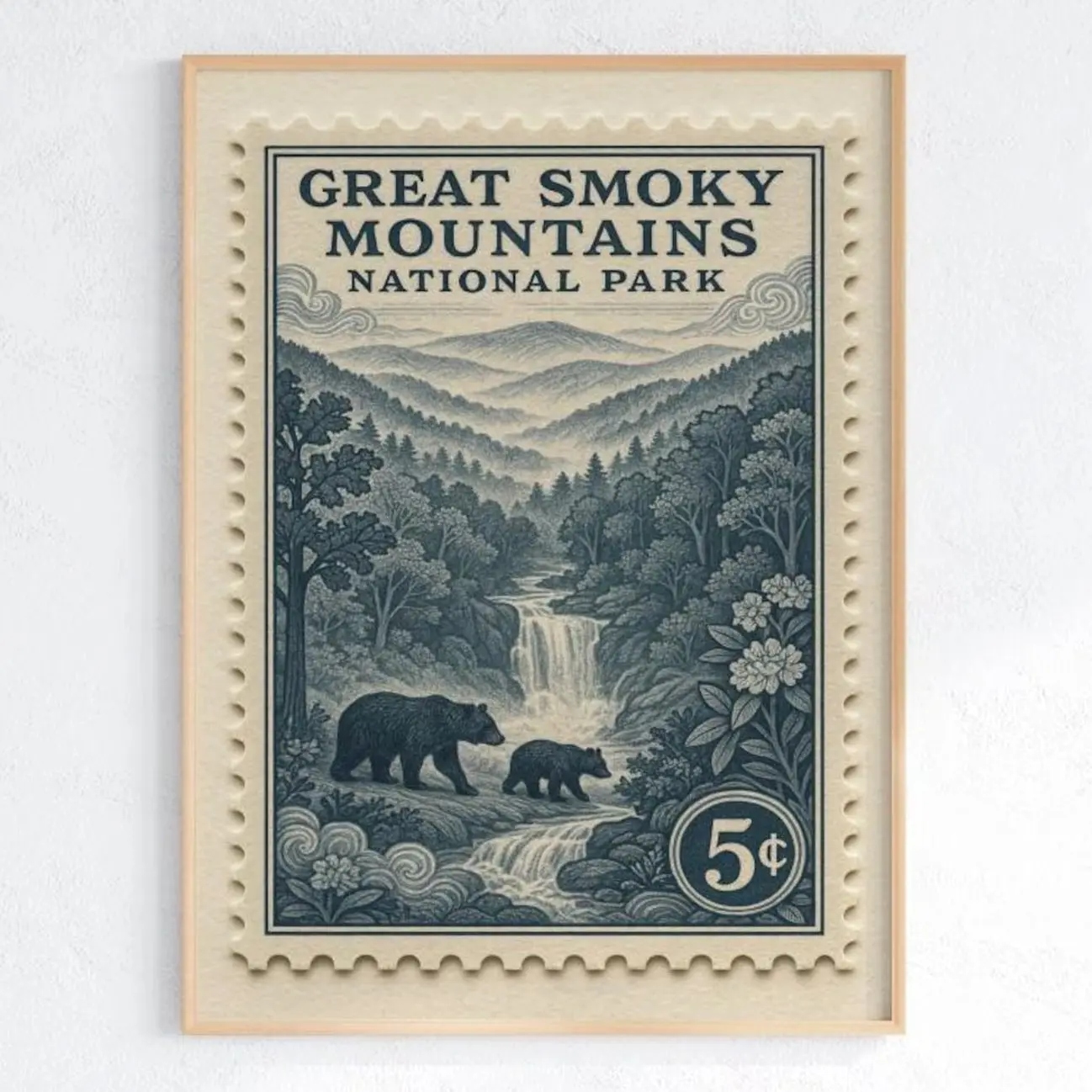 Smoky Mountains Vintage Stamp Poster Retro Bear Waterfall Appalachian Wall Art W