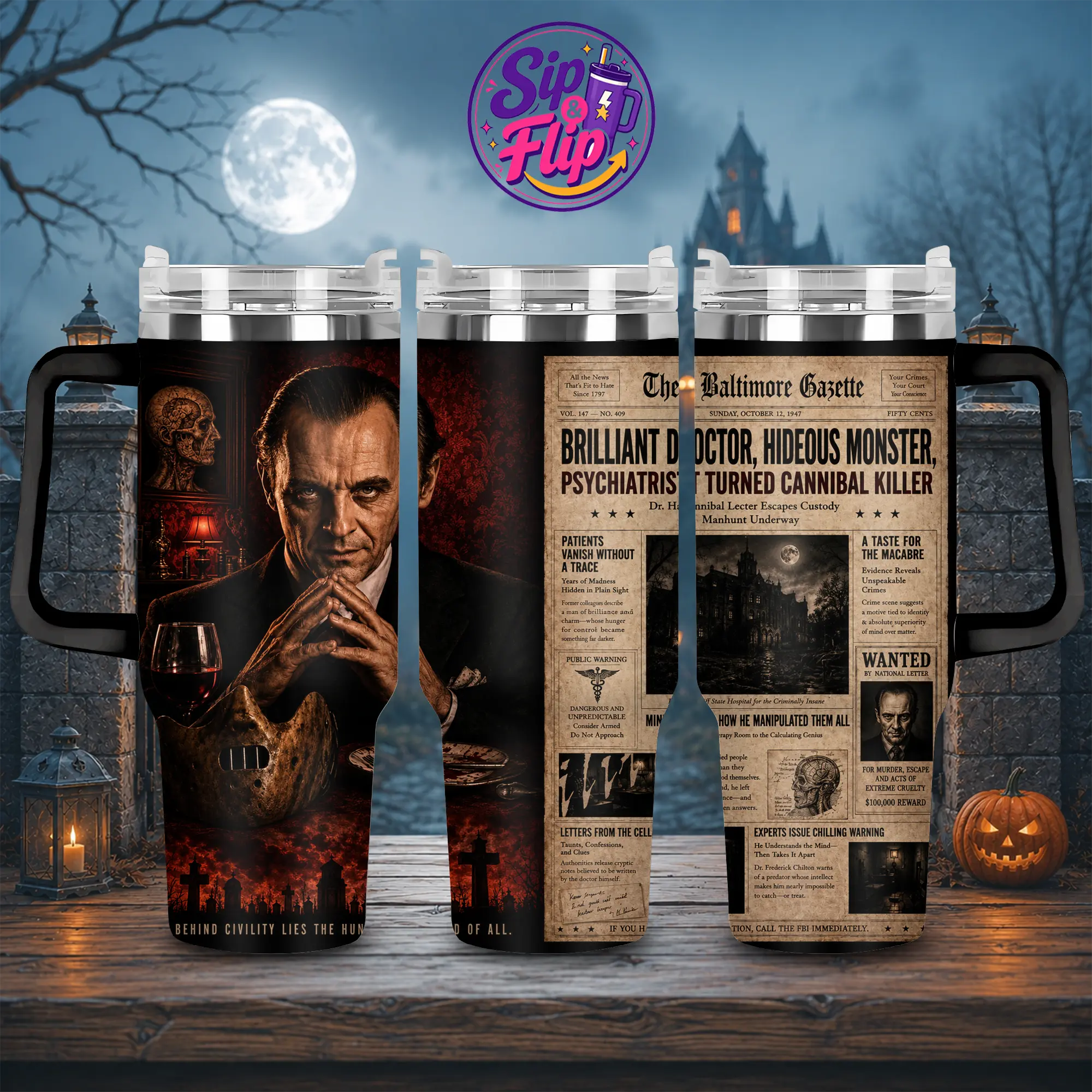 Hannibal Lecter The Silence of the Lambs 40oz Tumbler with Handle & Straw, Classic Psychological Horror Movie Cup, Serial Killer Insulated Travel Mug, Halloween Horror Fan Gift, Creepy Gothic Drinkware