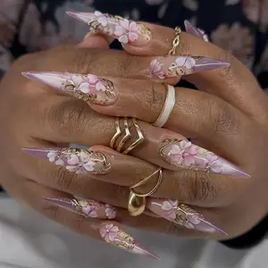 Handmade 3D Flower & Gold Filigree Stiletto Press On Nails | Luxury Cherry Blossom Bridal Nails | Wedding Glitter Nail Gems | Glue On Nails