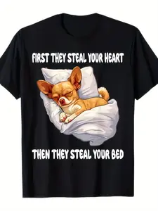 Funny Chihuahua "First They Steal Your Heart Then Your Bed" Graphic T-Shirt - Unisex Casual Short Sleeve Tee for Adults & Teens, Durable Machine-Washable Fabric, All-Season Comfort, Pet Lover Gift, Dog Tshirt, Humorous Apparel, Playful Design, Quality Pri