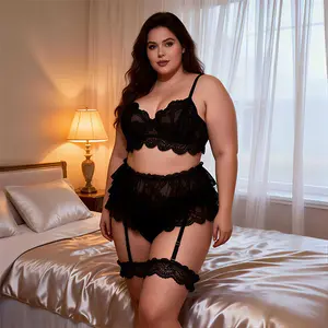 Plus Women's Date Night 5-Piece Baby Doll Lingerie Set: Underwire Bra with Mesh, Corset Bikini & Detachable Lace Thigh Garters ling Elegance Accessory Style lingerie set