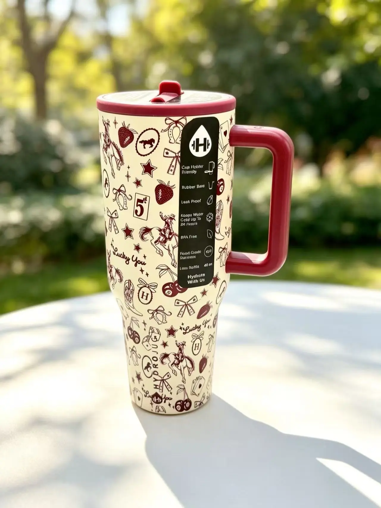 HydroJug 40oz Stainless Steel Water Bottle Tumbler - Retro Red Western Lucky Cowboy Horse Motif, Red Handle, Flip-Top Straw Lid, Strawberry Design, Leak-Proof, 1000-2000ml Durable Portable Kitchen Drinkware Cup with Lid for Adults, Gym, Colorful Portable
