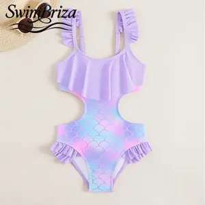 Briza｜Girls' One Piece Swimsuit in Lavender Pastel Mermaid Print with Ruffle Straps and Cut-Out Detail - Cute Bathing Suit for Beach Vacation and Pool Summer Fun, Girls Swimwear, Kids Bathing Suit, Ruffle Style, Beach Pool Summer Vacation for Girls