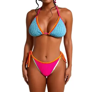 Y2K Boho Bright Neon Color Block Flattering Bikini Set Crochet Trim Textured Crinkle Fabric Halter Triangle Side Tie Two Piece High Waisted Tummy Control Swimsuit Snatched Waist Beach Vacation Outfit for Midsize Curvy Women cheeky Women's Slimming